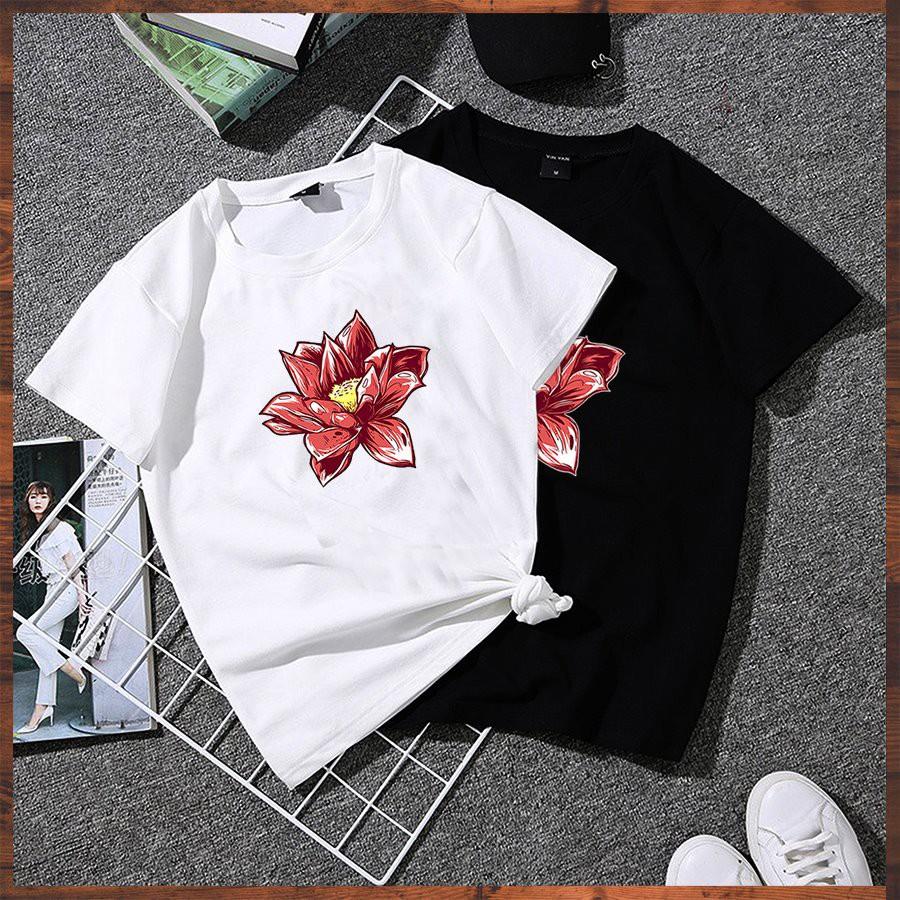 Áo thun unisex form rộng tay lỡ hoa sen đỏ vải dày mịn 20NU1171