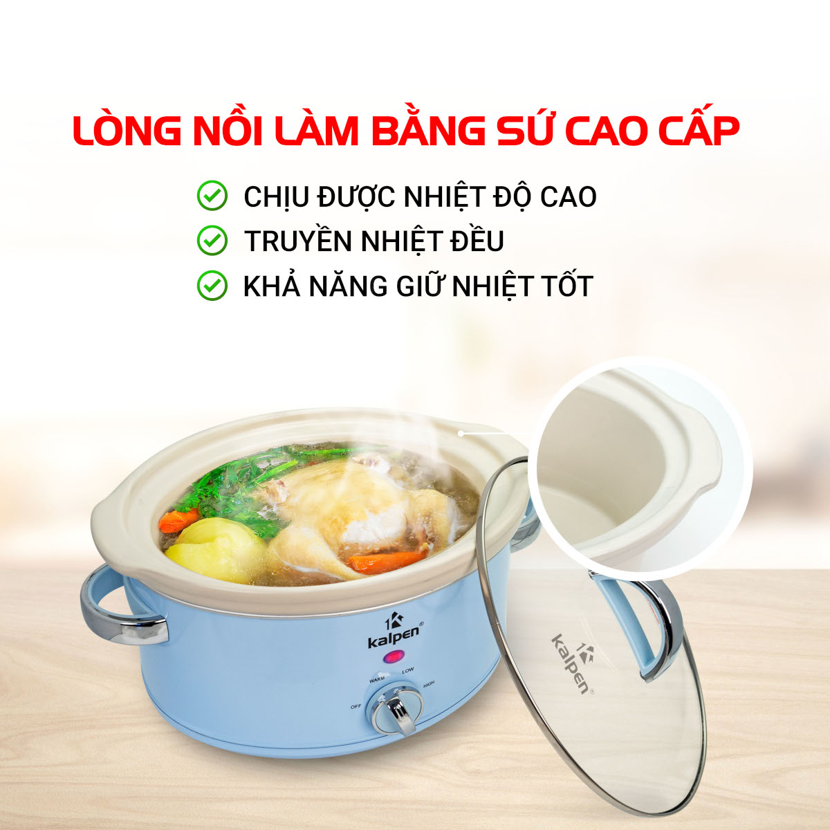 Nồi nấu chậm 3.5L Kalpen SK1 công nghệ Đức - Tần gà, nấu cháo, chưng yến, bảo hành 2 năm - Hàng chính hãng