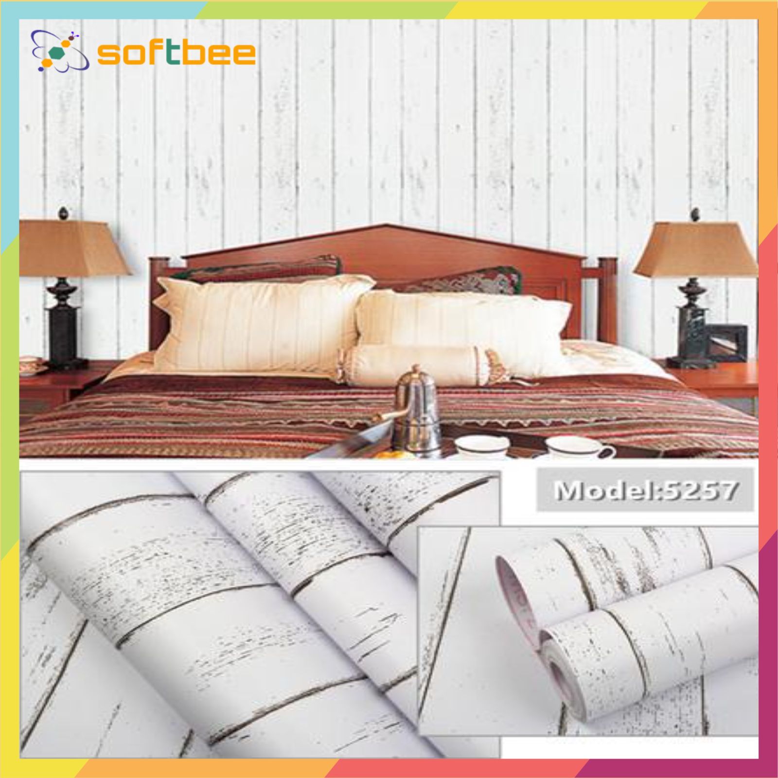 Giấy dán tường có keo sẵn, in hình gỗ sọc trắng, kích thước 0.45m x 10m / cuộn