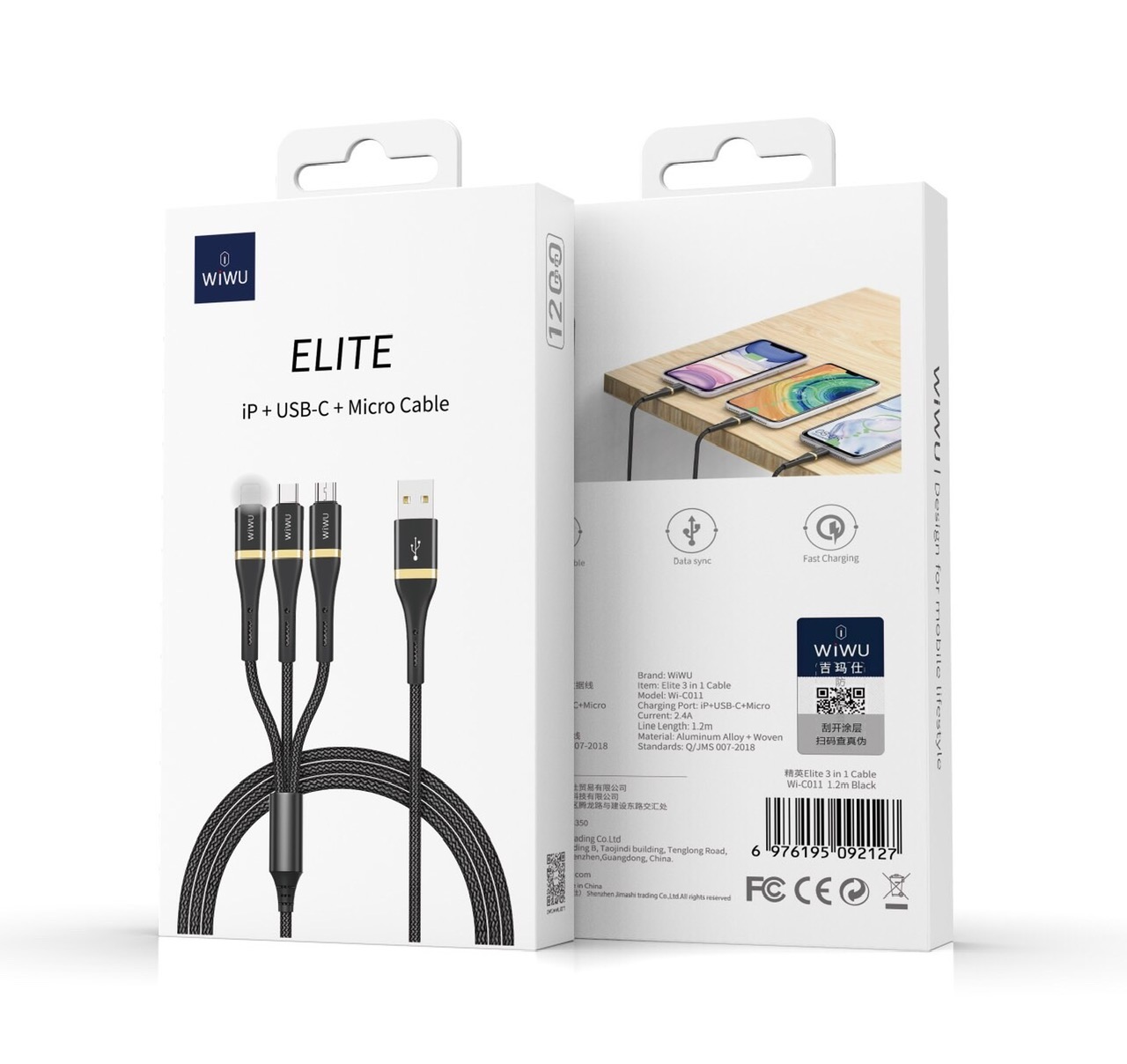 Cáp WIWU Elite Wi-C011 3IN1 1,2m 2.4A USB FAST CHARGING DATA CABLE sạc nhanh 2.4A và truyền dữ liệu - Hàng chính hãng