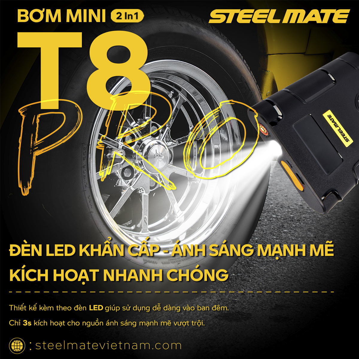 Bơm mini điện tử đa năng &amp; kích bình T8 PRO STEELMATE