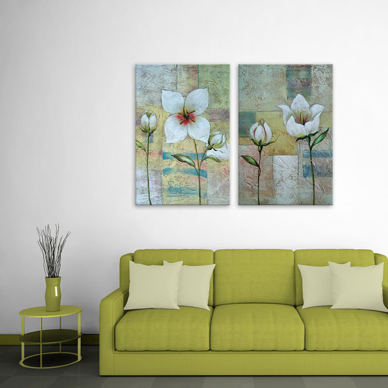 Bộ 2 tranh canvas hoa lá màu trắng phong cách bột màu – W1627