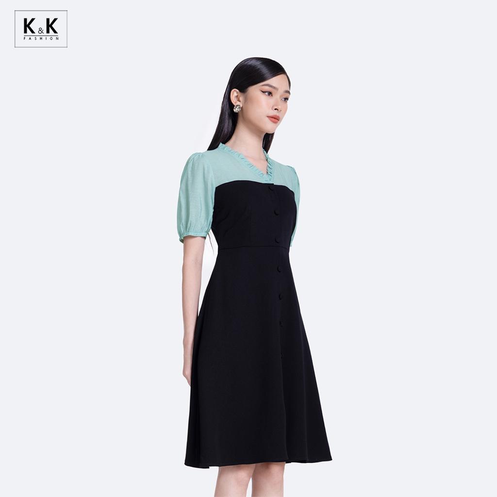 Đầm Xòe Đen Công Sở Phối Màu K&amp;K Fashion KK116-25 Chất Liệu Tuyết Mưa Phối Tơ Nến