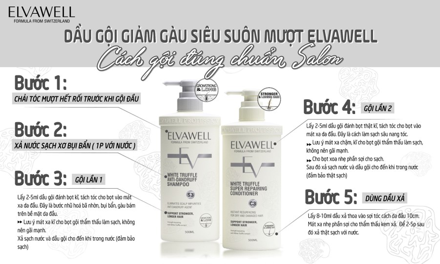 Dầu gội xả giảm gàu siêu suôn mượt Elvawell - 1000ml (Màu trắng)