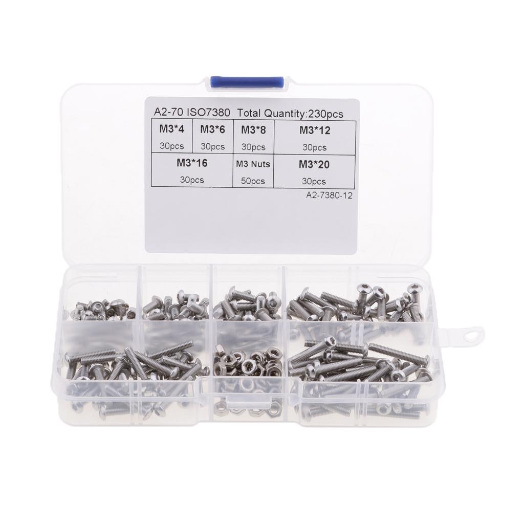 230 Pieces M3 Stainless Steel Button Head Hex Socket Screw & Hex Nuts Kit with Plastic Box