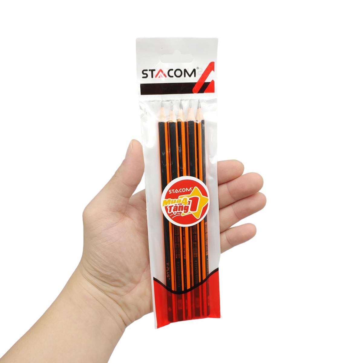 Vỉ 4 + 1 Bút Chì Gỗ 2B Y PLUS+ Thân Đen Cam - Stacom VPX1601_RAY