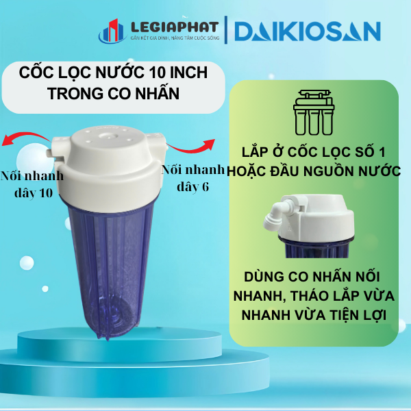 Cốc Lọc Nước Thô Trong - Màu 10inch, Máy RO, Co Nối Nhanh - Hàng chính hãng