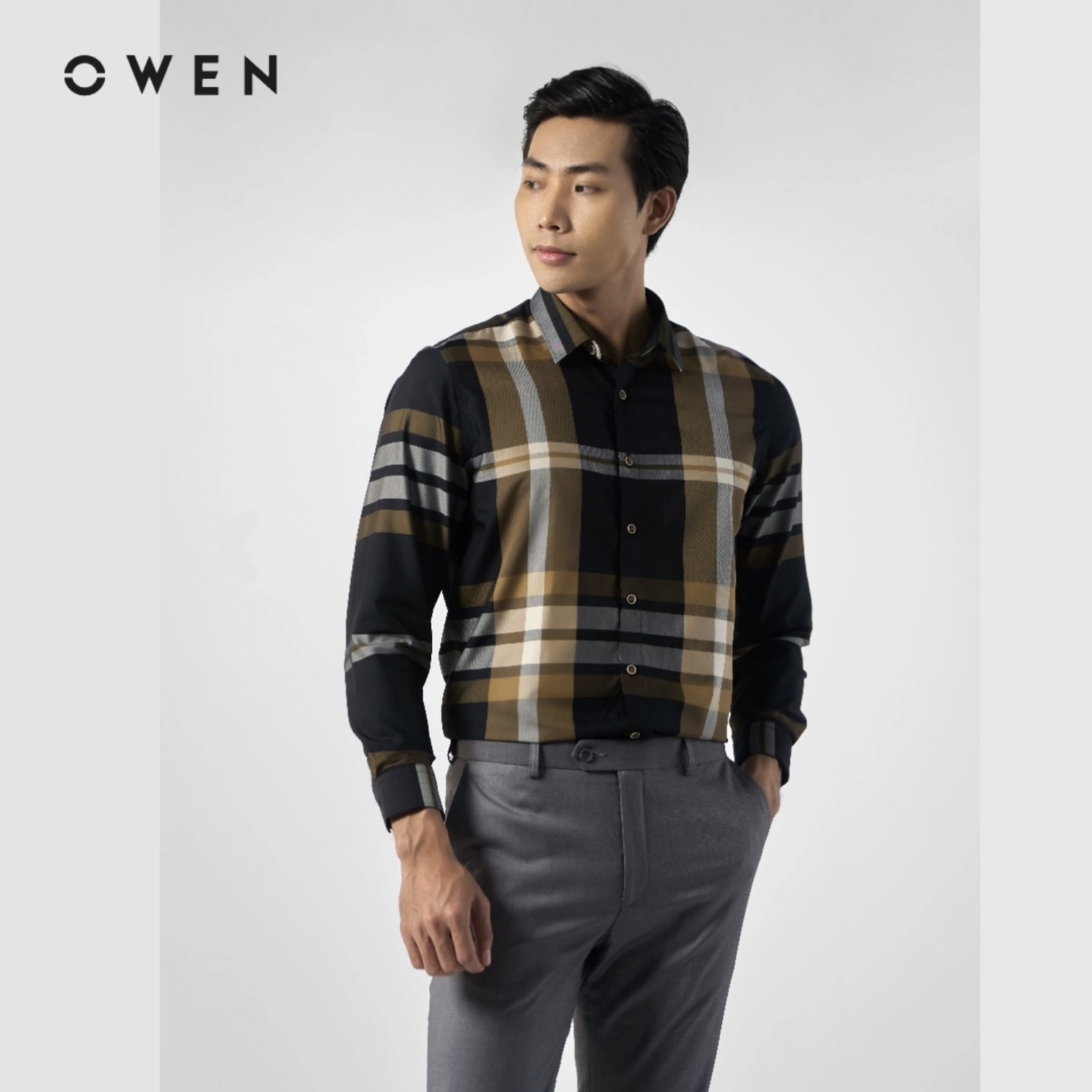 OWEN - Áo sơ mi dài tay Owen Slimfit chất Cafe kẻ ca rô nâu đen 220875