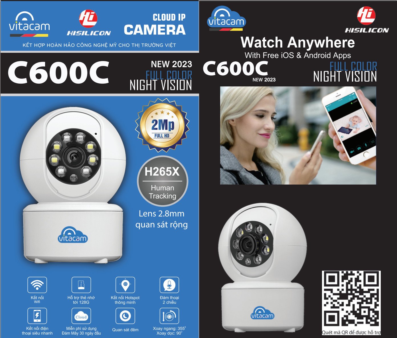 Camera IP Wifi VITACAM C600C - Độ phân giải 4M đàm thoại 2 chiều, Có màu đêm - Hàng chính hãng