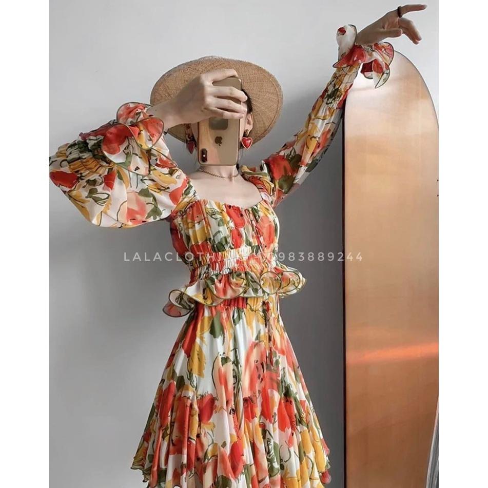 Set áo hoa tay dài chân váy xoè LalaClothing
