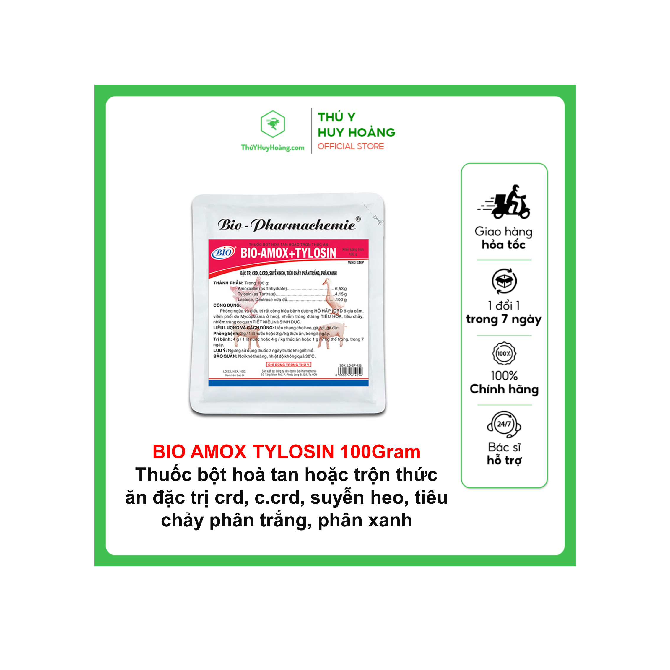 Thuốc bột hoà tan hoặc trộn thức ăn BIO-AMOX+TYLOSIN đặc trị CRD ,C.CRD, suyễn heo,tiêu chảy phân trắng phân xanh