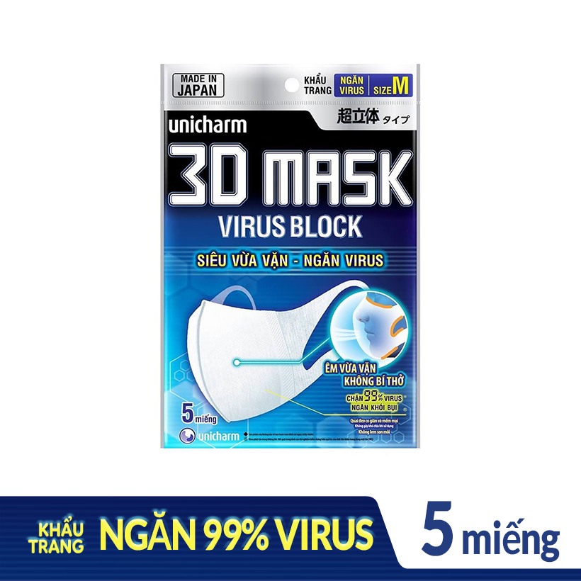 Khẩu trang ngăn vi khuẩn Unicharm 3D Mask Virus Block (Ngăn được bụi mịn PM2.5) gói 5 miếng