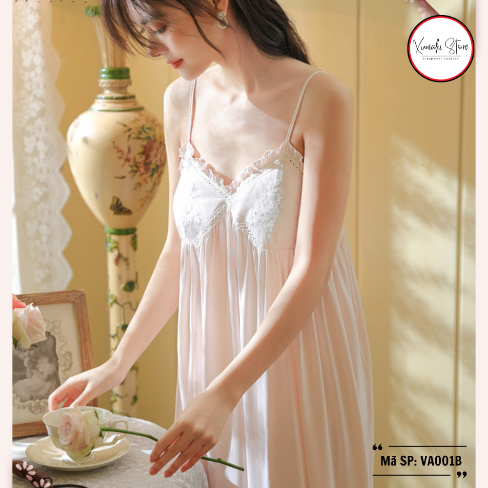 Váy ngủ 2 dây nữ họa tiết thêu ngực chất cotton cao cấp Xumaki Store VA001B
