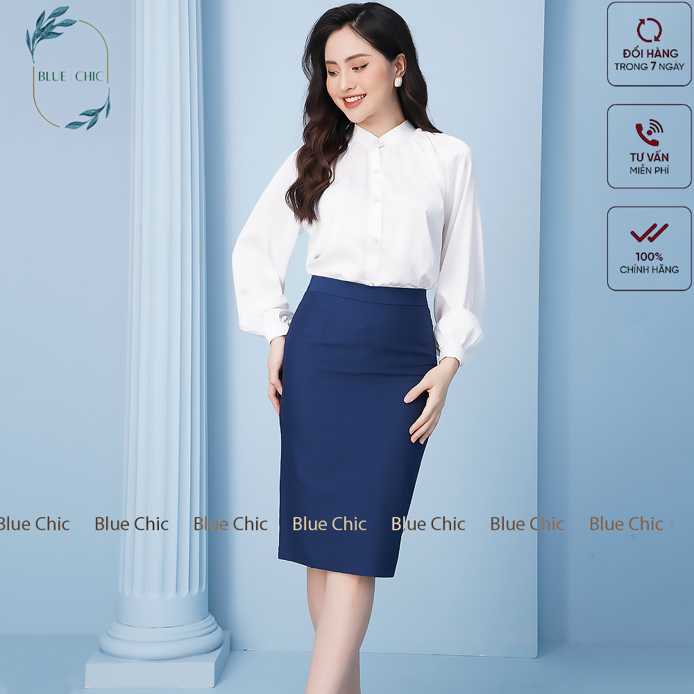 Chân váy Blue Chic bút chì lưng cạp cao có lớp lót đồ công sở ôm body xẻ sau dáng dài màu xanh