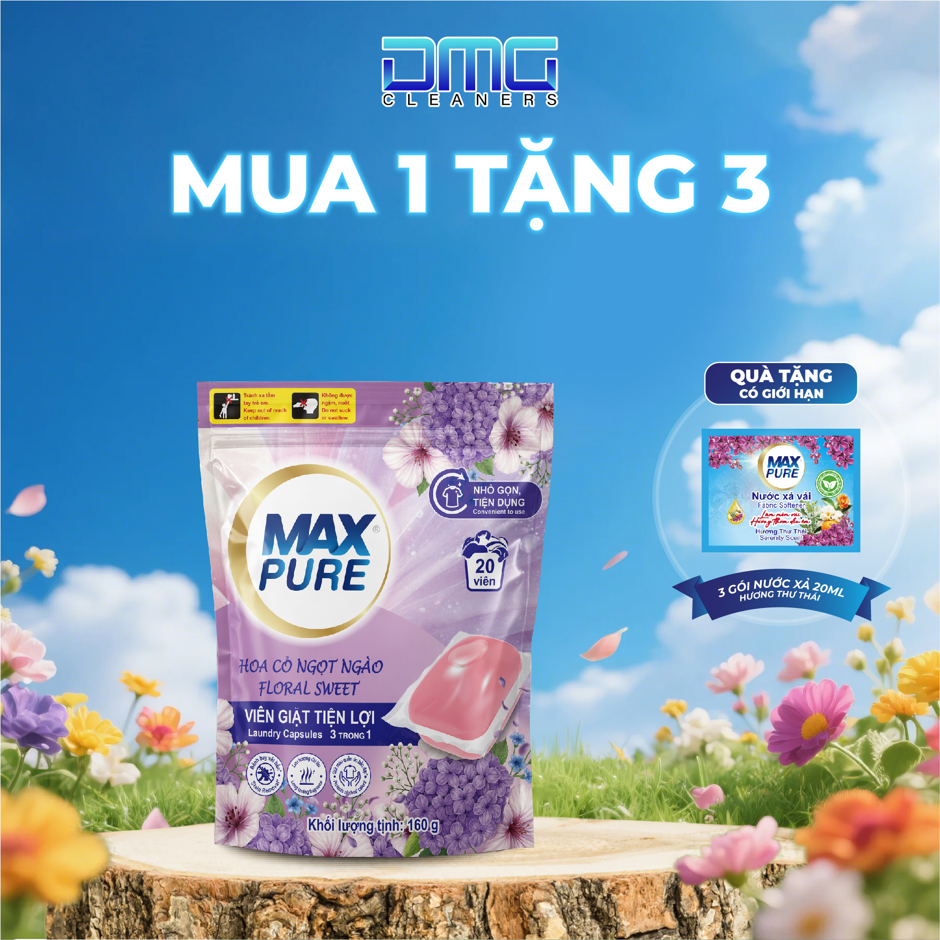 MUA 1 TẶNG 3: Túi 20 viên giặt Maxpure hương hoa cỏ ngọt ngào TẶNG 3 gói nước xả hương Thư thái