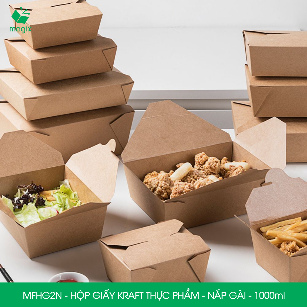 MFHG2N - 25 hộp giấy kraft thực phẩm 1000ml, hộp giấy nắp gập màu nâu đựng thức ăn, hộp giấy nắp gài gói đồ ăn mang đi