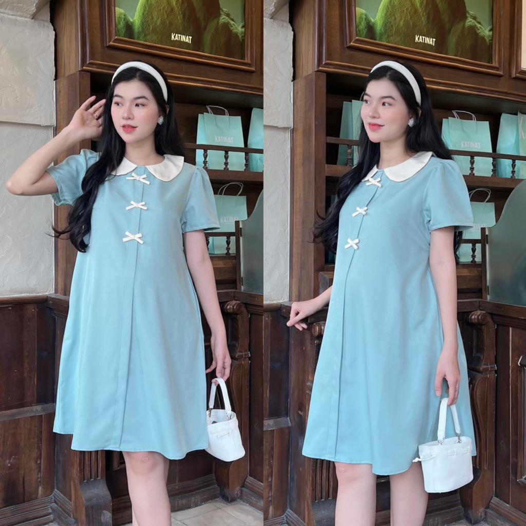 Đầm bầu công sở cổ sen đính 3 nơ dễ thương chất cotton lạnh mềm mịn - Hồng