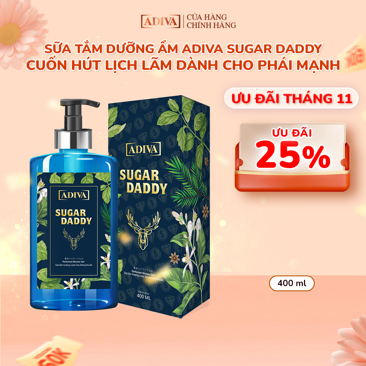 Sữa Tắm Dưỡng Ẩm Hương Nước Hoa Kháng Khuẩn Cho Nam ADIVA Sugar Daddy