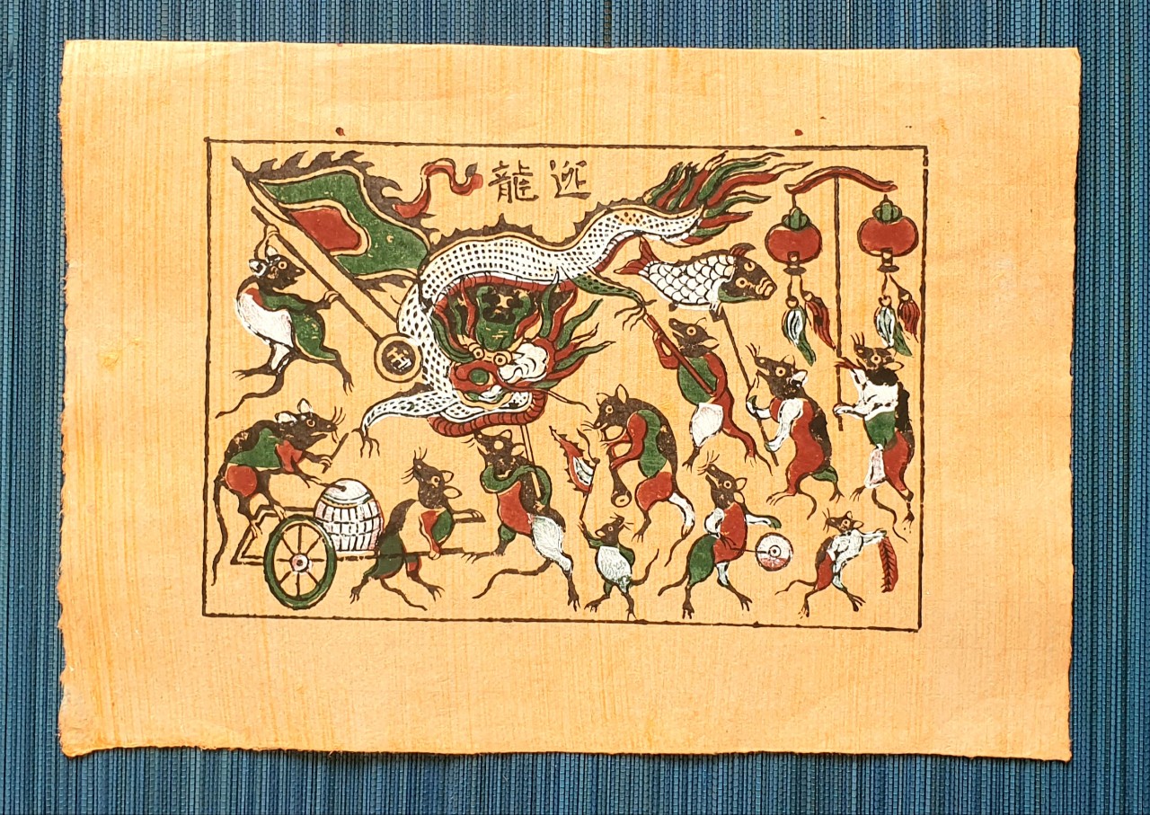 Tranh chuột rước rồng (chuột rước đèn) - Tranh dân gian Đông Hồ - Dong Ho folk woodcut painting