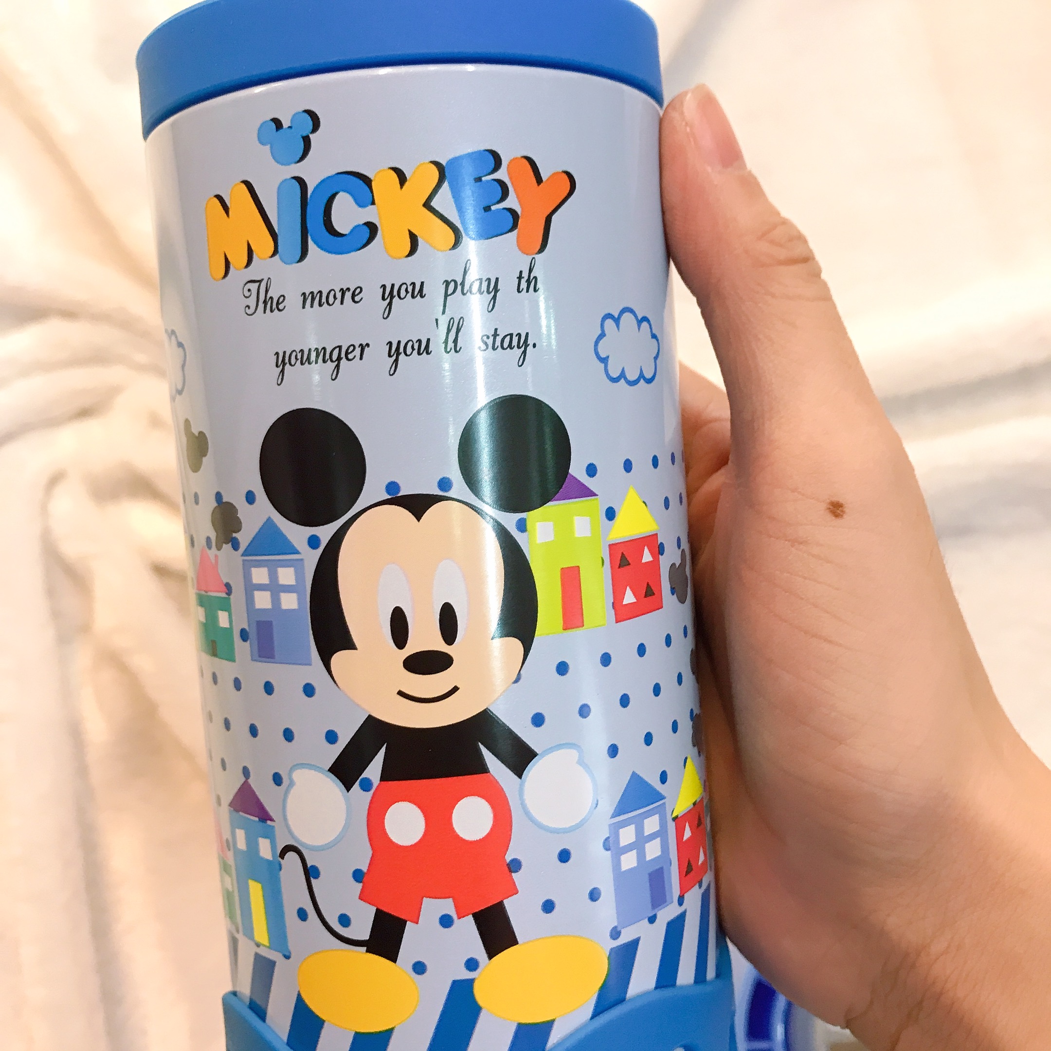 Bình nước giữ nhiệt 2 nắp hình chuột Mickey màu xanh viền silicon cho trẻ em, các bé, học sinh -  - WD-3430MK
