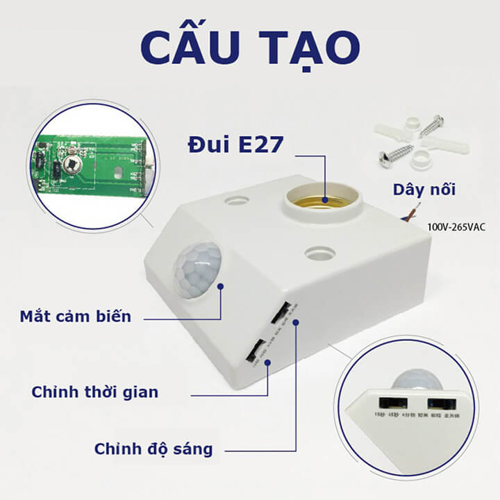 Đui đèn cảm ứng chuyển động đuôi xoáy E27 tự động Bật/Tắt, đui đèn cảm biến hồng ngoại thông minh