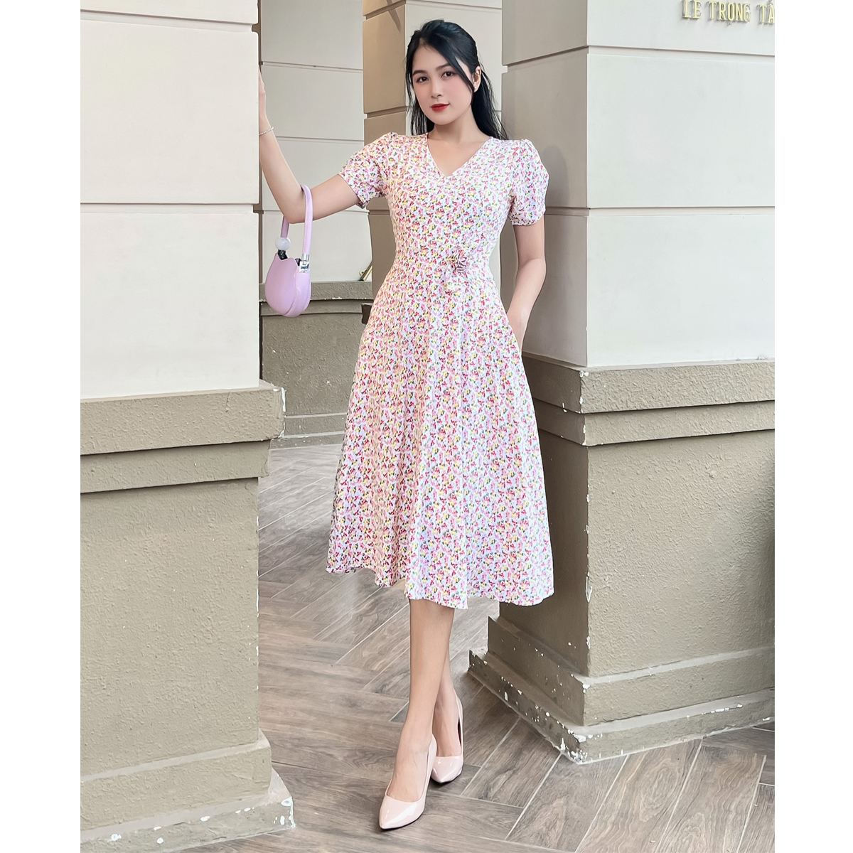 [HCM] Đầm xòe hoa nhí gắn hoa eo dễ thương D090 - Lady fashion