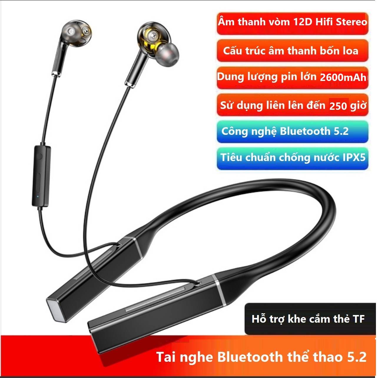 Tai Nghe Bluetooth 5.2 Thể Thao Quàng Cổ Pin Kép 2600mAh Sử Dụng Liên Tục Lên Đến 250 Giờ , Hỗ Trợ Khe Lắp Thẻ Nhớ