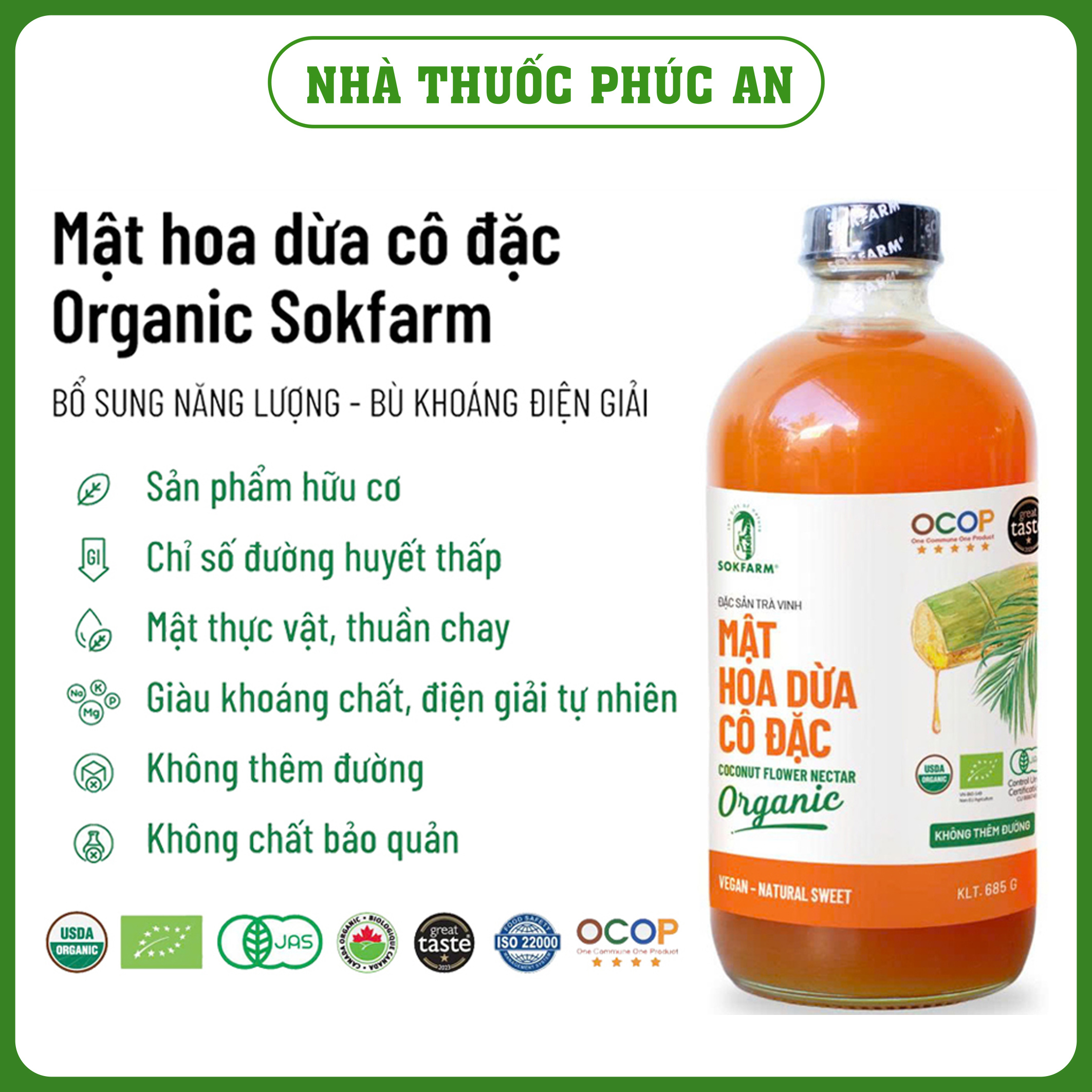 Mật hoa dừa cô đặc hữu cơ Sokfarm 250g - chuẩn organic, thay thế mật ong, thơm ngon ngọt thanh