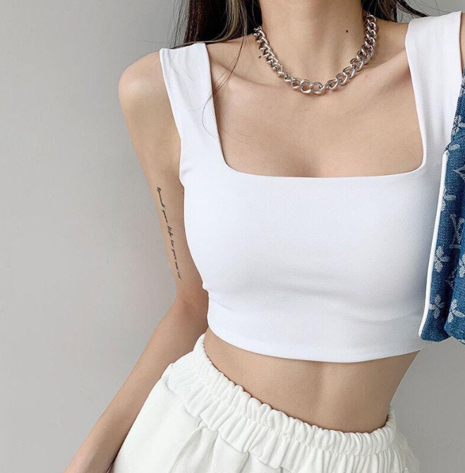 Áo croptop hai dây quai to cổ vuông cotton 2 lớp , áo thun dáng lửng ôm body sexy