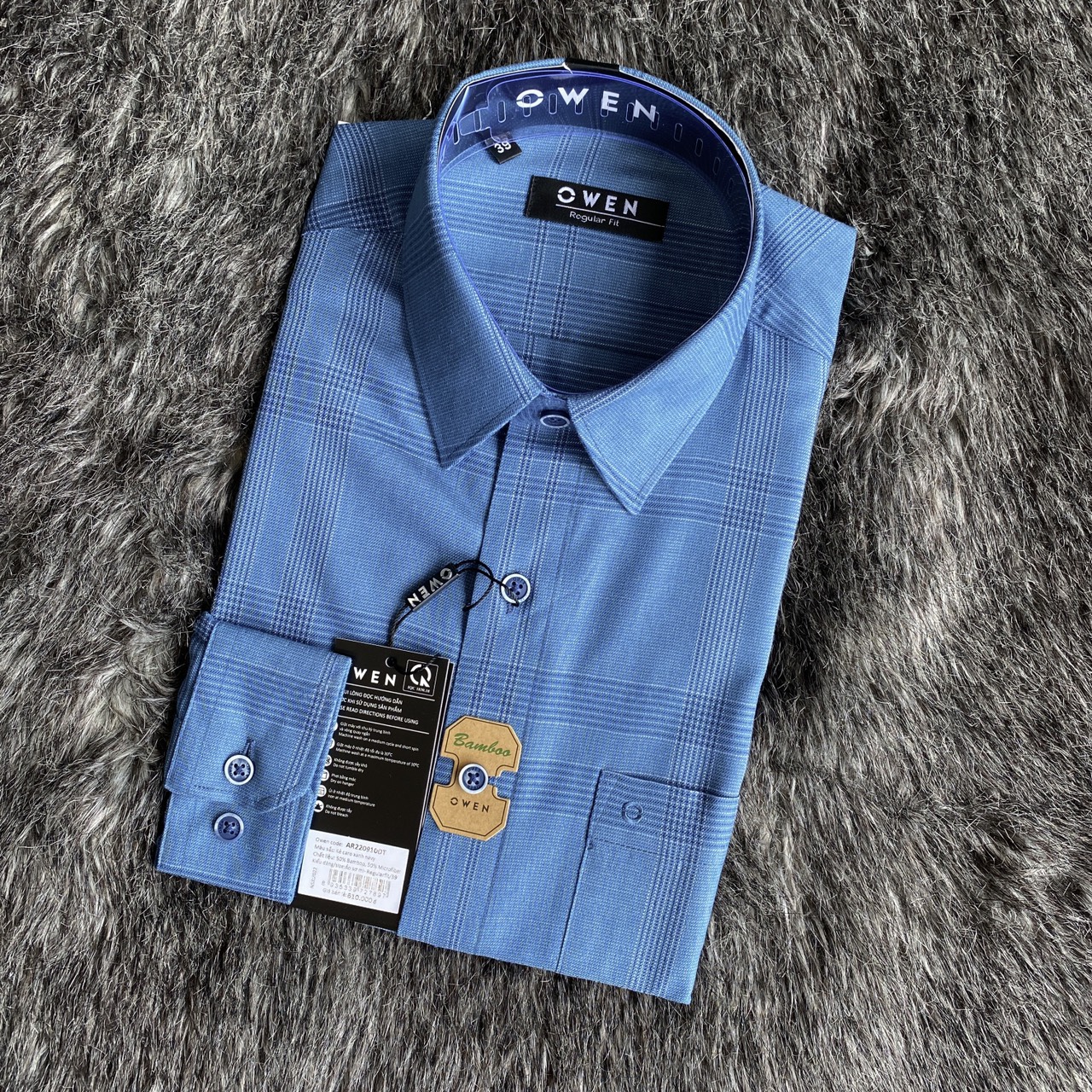 OWEN - Áo sơ mi dài tay Owen regular fit chất sợi tre kẻ ca rô xanh 220910