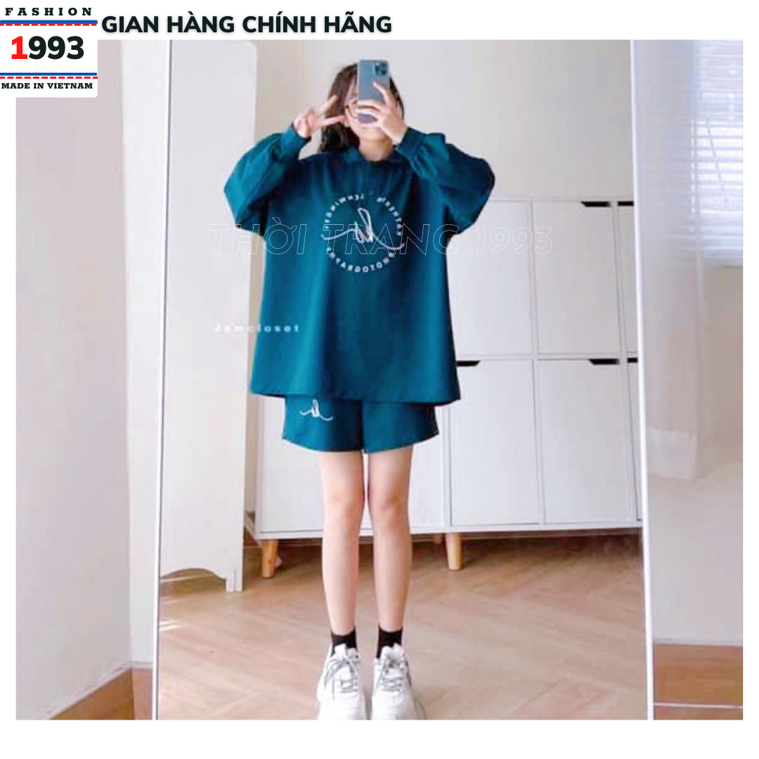 Sét Bộ Đồ Thu Đông Nữ Áo Dài Cổ Polo Cúc Cài Áo In Chữ Trắng Nổi Bật Quần Sooc Đùi