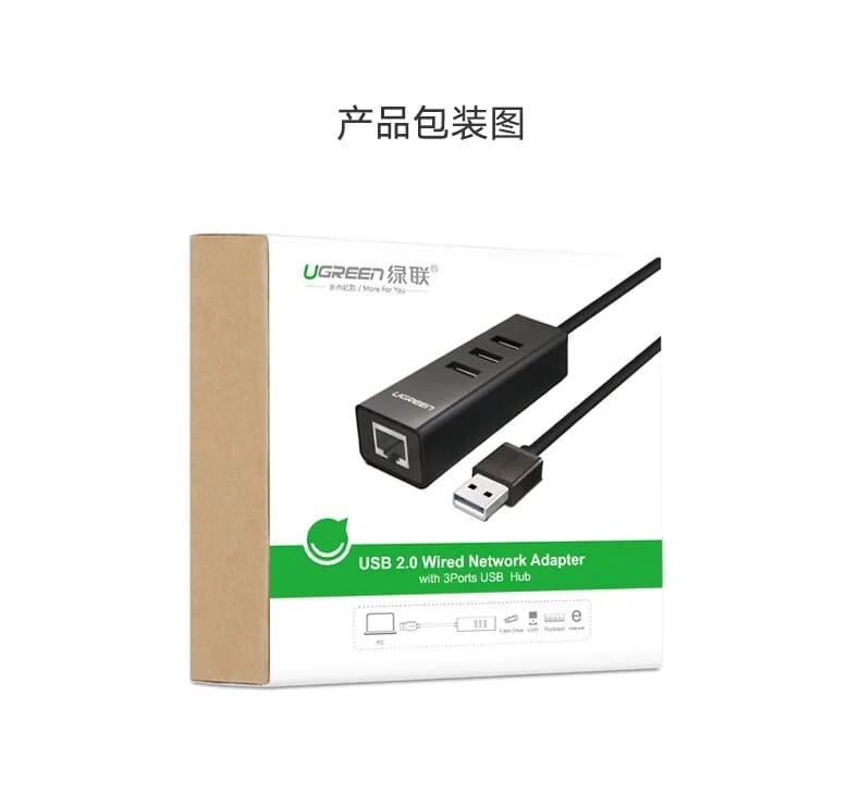 Ugreen UG30298CR129TK 30CM màu Đen HUB chuyển đổi USB 2.0 sang 3 USB 2.0 + LAN tốc độ 100Mbps - HÀNG CHÍNH HÃNG