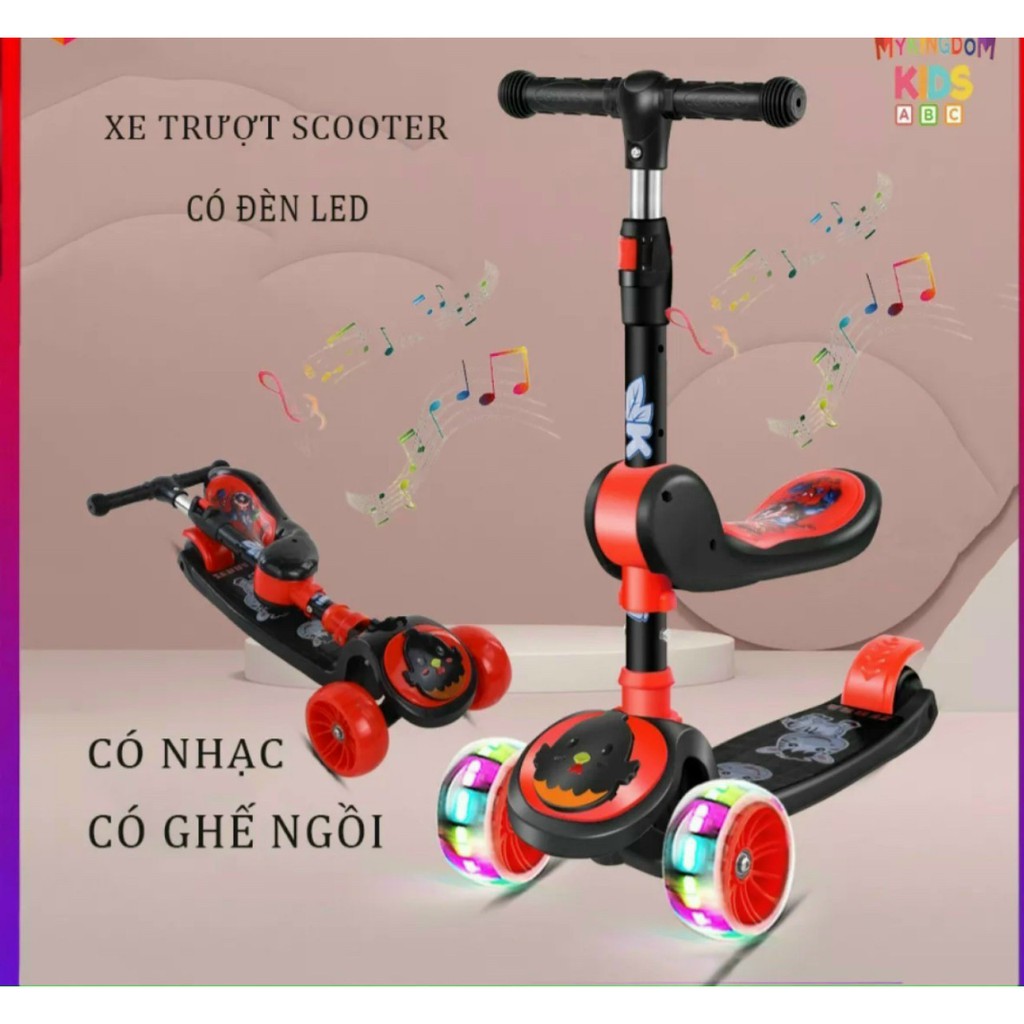 Xe Scooter, Chòi chân, Xe trượt cho bé bánh có đèn có nhạc 3 in 1 chịu lực 90KG