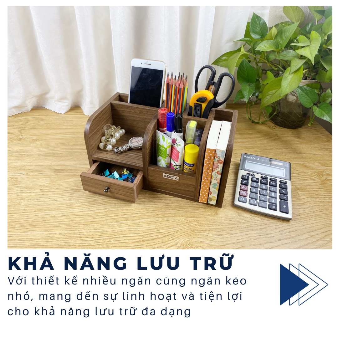 Combo kệ gỗ để bàn và hộp cắm bút ba ngăn bằng gỗ để bàn làm việc cao cấp phong cách sang trọng ADOTA