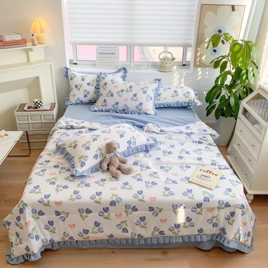 Bộ ga giường chăn chần bông hè chất Cotton Đũi bèo phong cách Hàn Quốc - Nhà Nhím Bedding