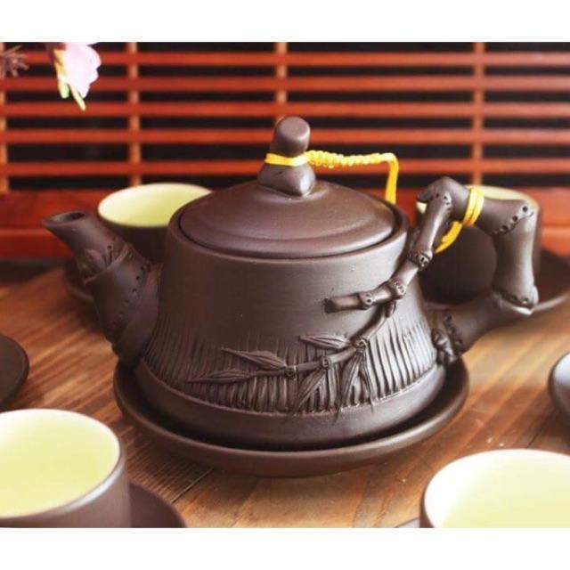Bộ ấm chén tử sa đắp trúc