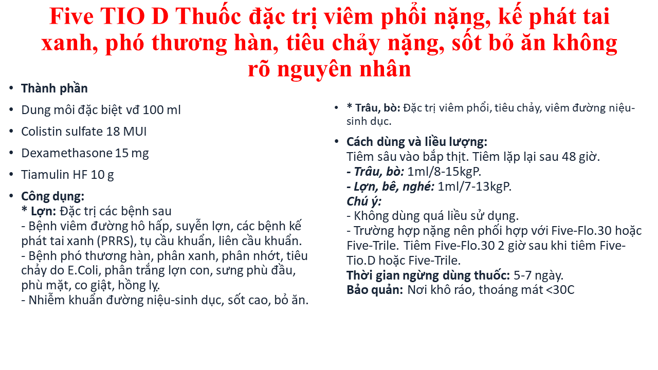Dung dịch tiêm Five TIO.D đ.ặc t.rị viêm phổi nặng, kế phát tai xanh, phó thương hàn, tiêu chảy nặng, sốt bỏ ăn không rõ nguyên nhân