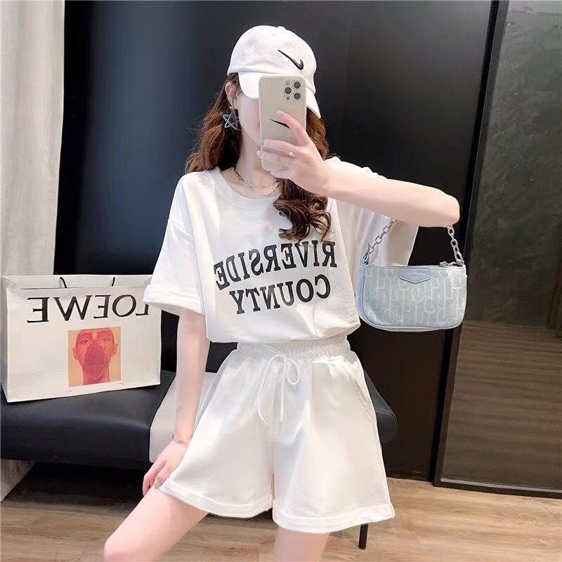 Bộ Quần Áo Cộc RiverSide, Set Áo Phông Cổ Tròn Kèm Quần Short Ống Rộng 2 Màu