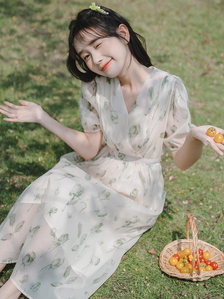 CHENGRUI Pháp nhỏ làm mới váy ngọt ngào thắt lưng ren-up trà nghỉ váy dài mùa hè hoa đầm phụ nữ