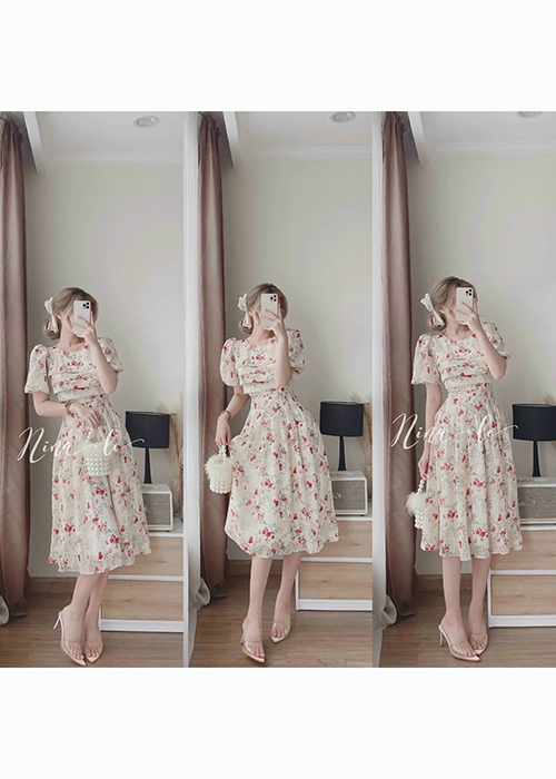 Đầm Maxi Voan Hoa 2 Lớp Tay Phồng Xếp Ly Ngực Thời Trang