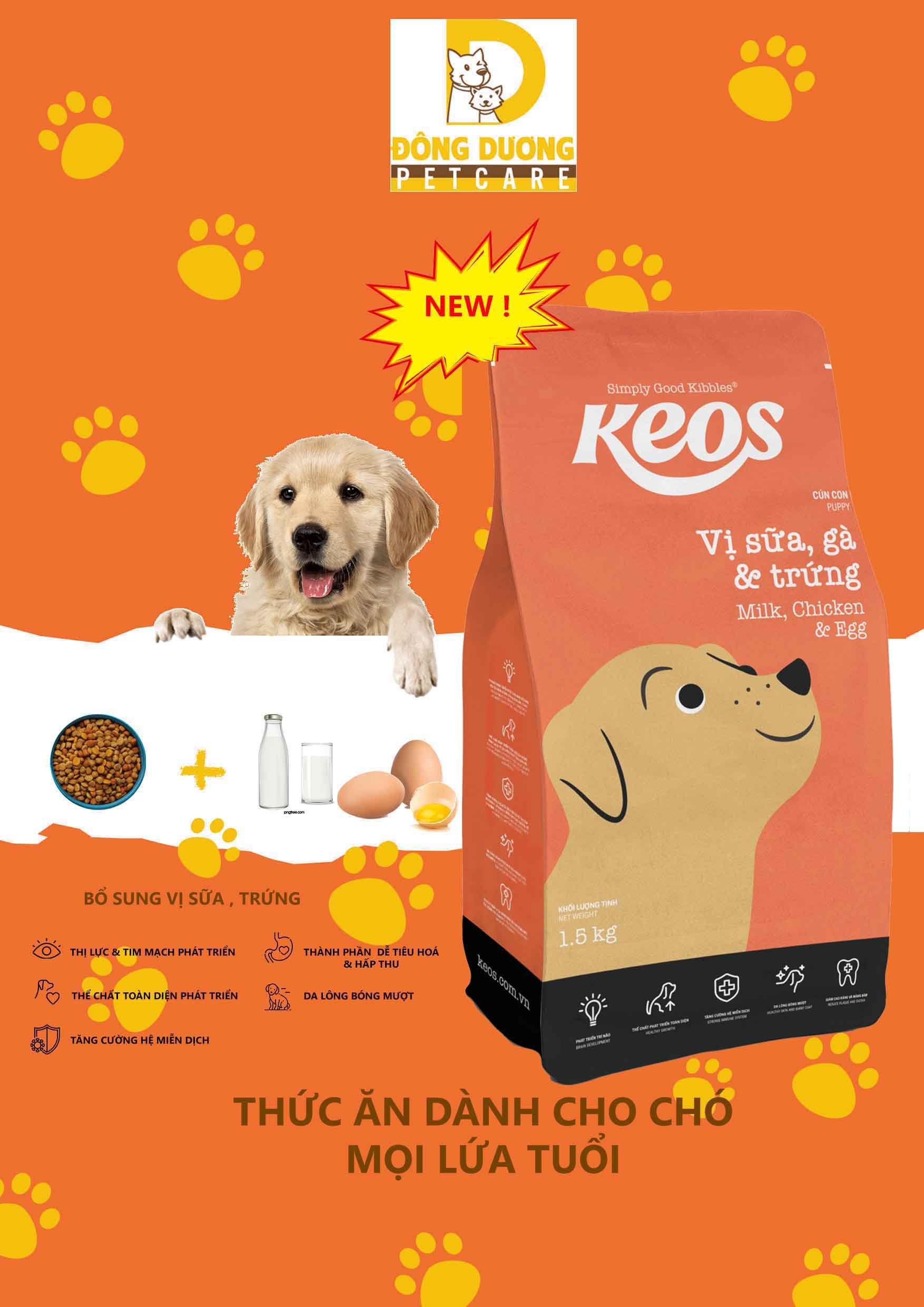 Thức ăn hạt KEOS cho chó con vị trứng, gà và sữa gói 400g - 1.5kg