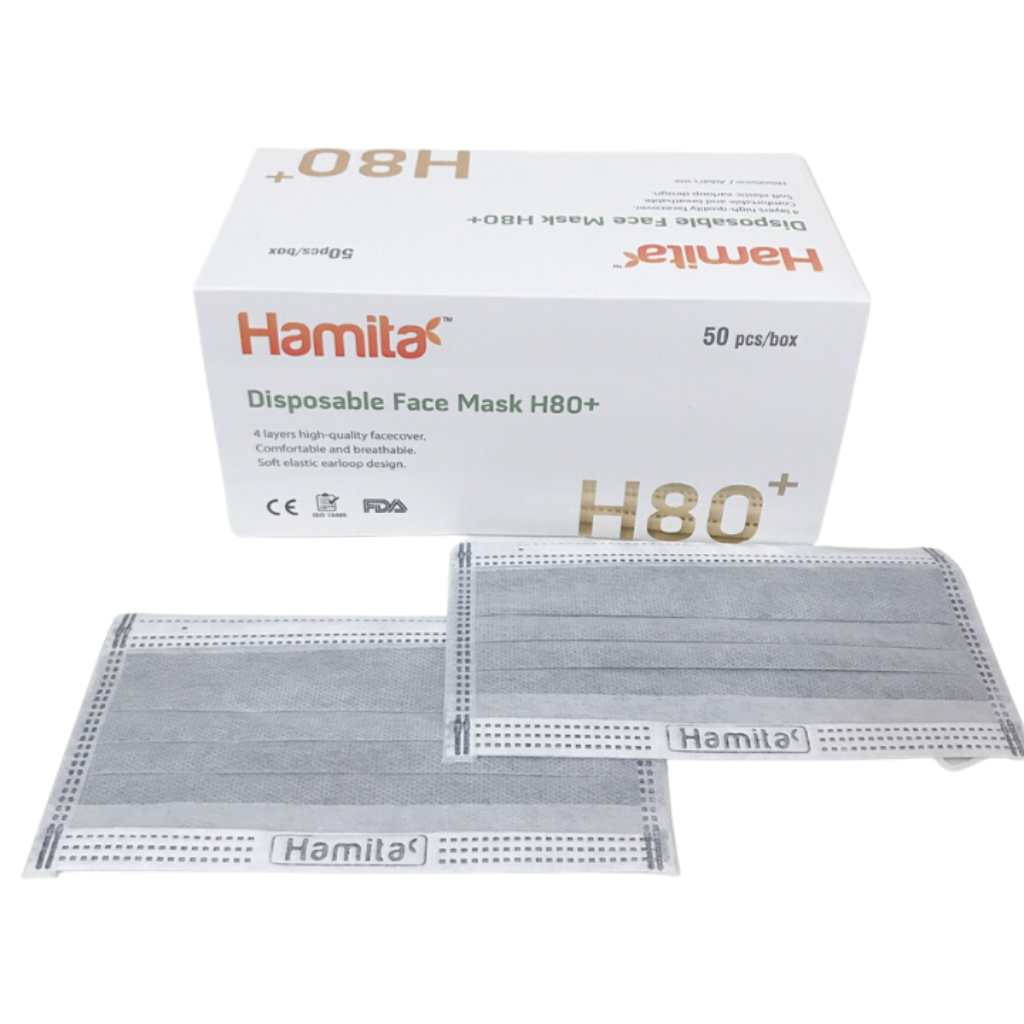Khẩu trang y tế than hoạt tính Hamita 4 lớp (Hộp 50 cái) Hàng xuất khẩu Model H80+ _ ISO13485, CE, FDA 