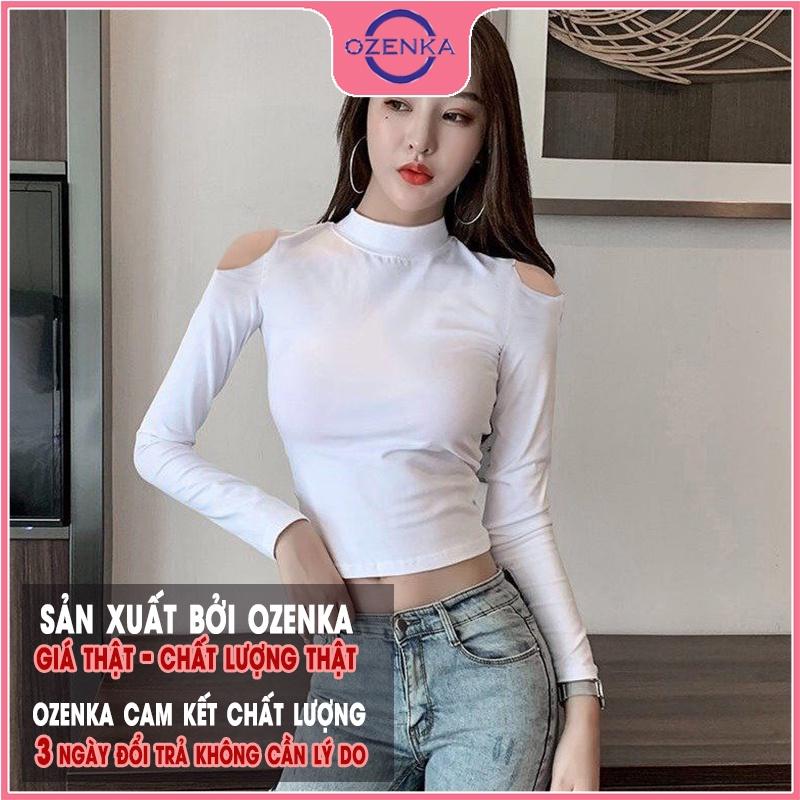 Áo croptop cổ lọ hở vai tay dài , crt ôm body thun gân 100% cotton đen trắng free size dưới 50kg mặc đi chơi