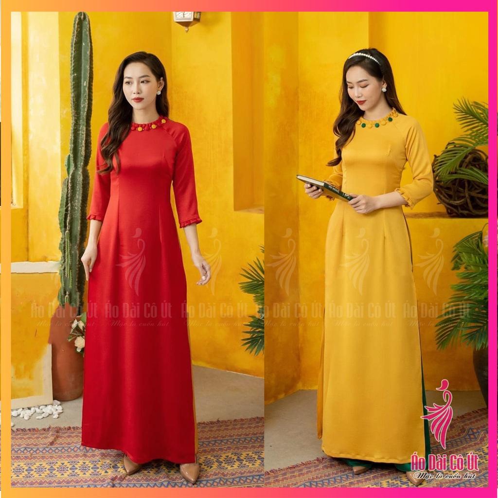 Áo Dài Truyền Thống Lụa Tây Thi Tay Dài Cổ Xếp Ly Đính Cúc Áo Dài Hàng May Sẵn