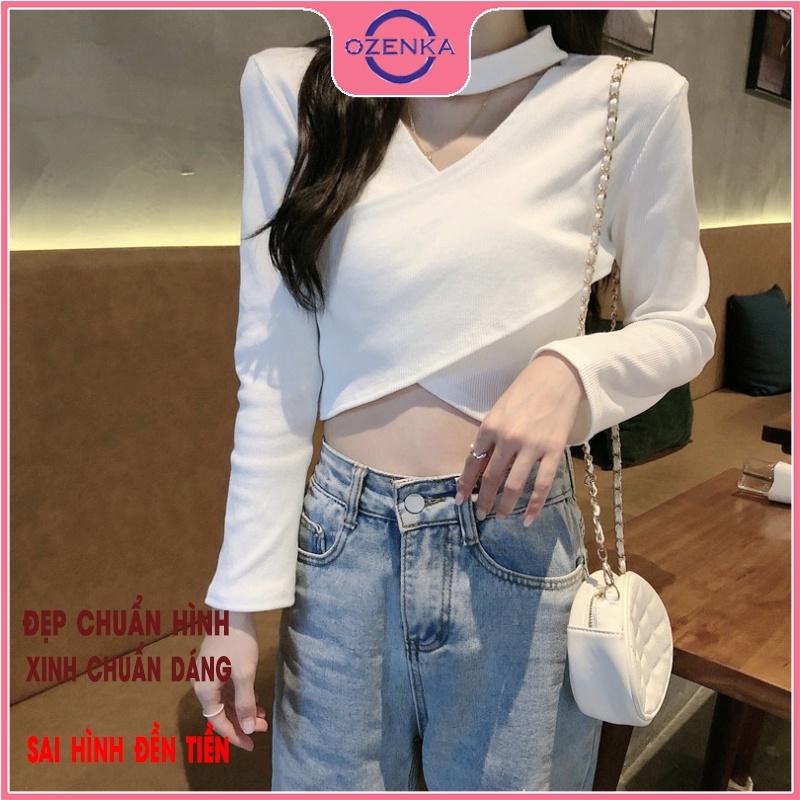 Áo croptop tay dài cổ v đắp chéo, áo thu đông nữ đẹp len tăm cotton cao cấp màu đen trắng free size dưới 50 kg