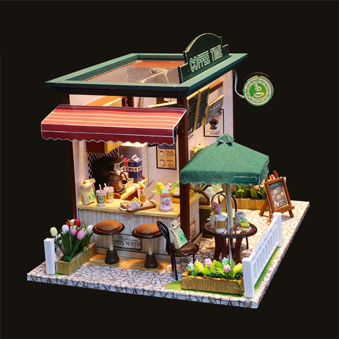 Mô hình nhà DIY Doll House Coffee Time Kèm Đèn LED và Mica chống bụi