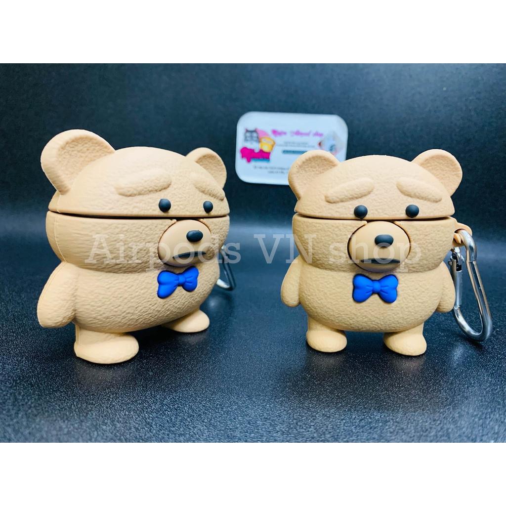 Bao Case Ốp dành cho Airpods 1/2, Airpods Pro gấu kute cột nơ xanh silicon cao cấp