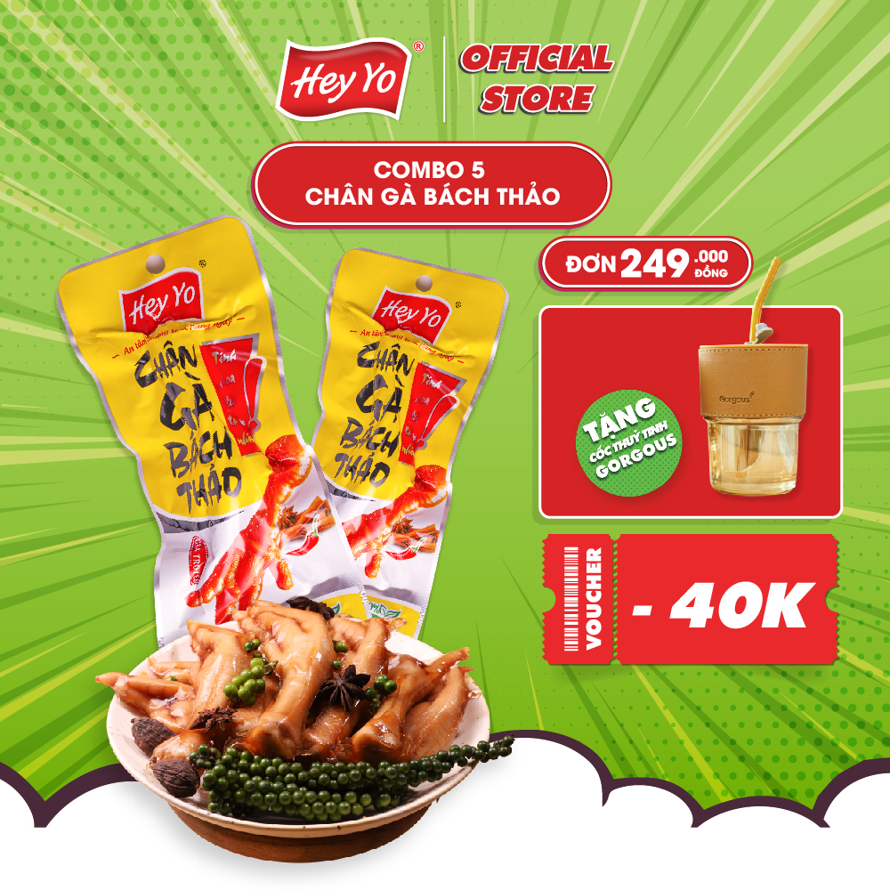 Combo 5 Chân Gà cay Hey Yo Bách Thảo 40g, chân gà ủ vị hàng Việt Nam thơm ngon chất lượng