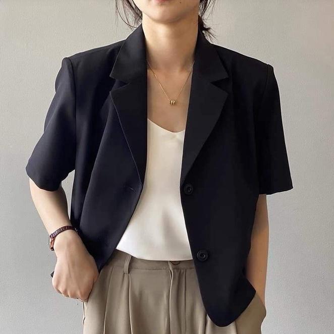 Áo Blazer Croptop Cộc Tay Độn Vai Trơn Chất Mát, Áo Khoác Vest Ngắn Tay Cơ Bản Nhiều Màu, Labibi