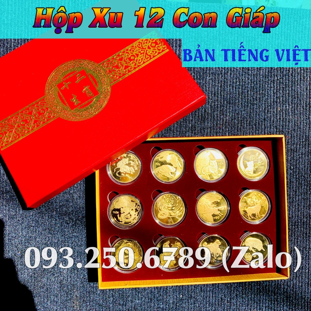 Bộ Đồng Xu 12 Con Giáp Mạ Vàng - Kèm Hộp Đỏ Sang Trọng Phong Thuỷ May Mắn